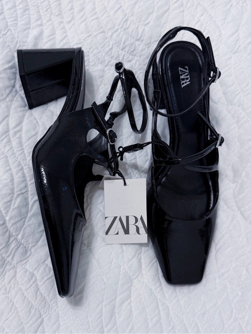 NWT! Zara Black Patent Leather Ankle-Strap Block Heel shoes - Picture 2 of 5